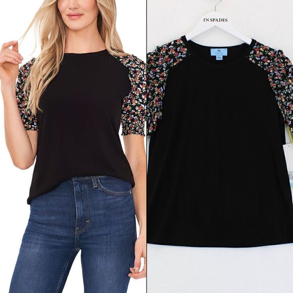 CeCe Floral Puff Sleeve Top in Rich Black - Picture 1 of 3